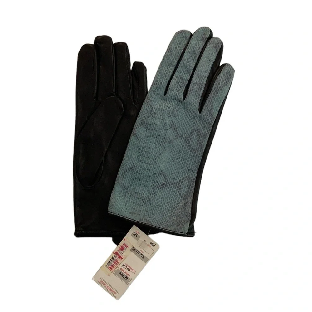 Leather Gloves Teal Blue Snake Animal Print Size M